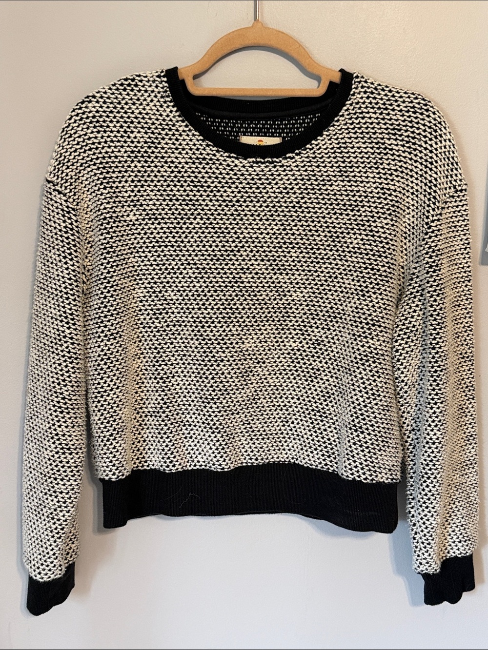 Marine Layer Birdseye Knit Cropped Pullover Sweater Black White Small
